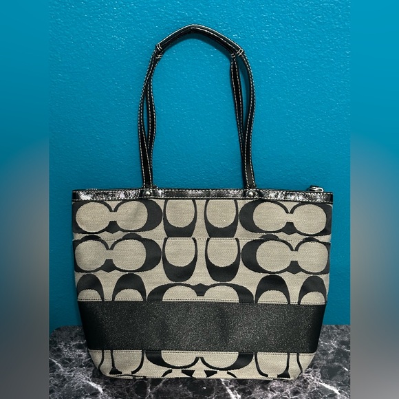 Coach Signature Stripe Zippered Tote Bag Purse Black Gray Shopper F19046 - Picture 2 of 10